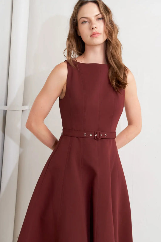 LIVING THE DREAM WINE WOVEN MIDI DRESS - DRESSES