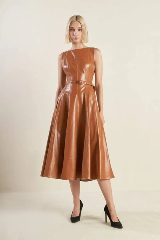 LUNAR SYMPHONY FAUX LEATHER MIDI DRESS - CAMEL / S - DRESSES