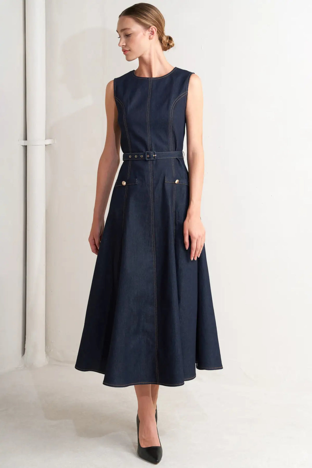 MODERN DARK DENIM MIDI DRESS - DRESSES