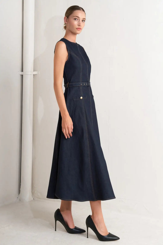 MODERN DARK DENIM MIDI DRESS - DRESSES