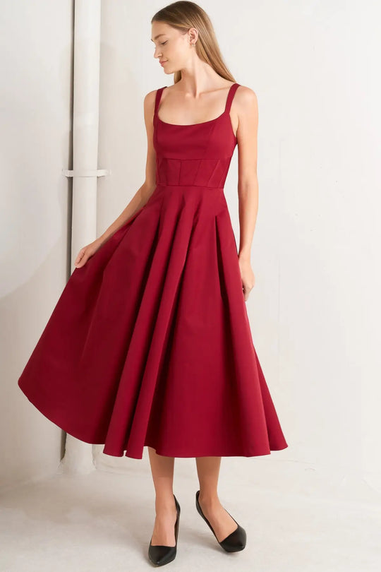 CRIMSON TWIRL WOVEN MIDI DRESS - DRESSES
