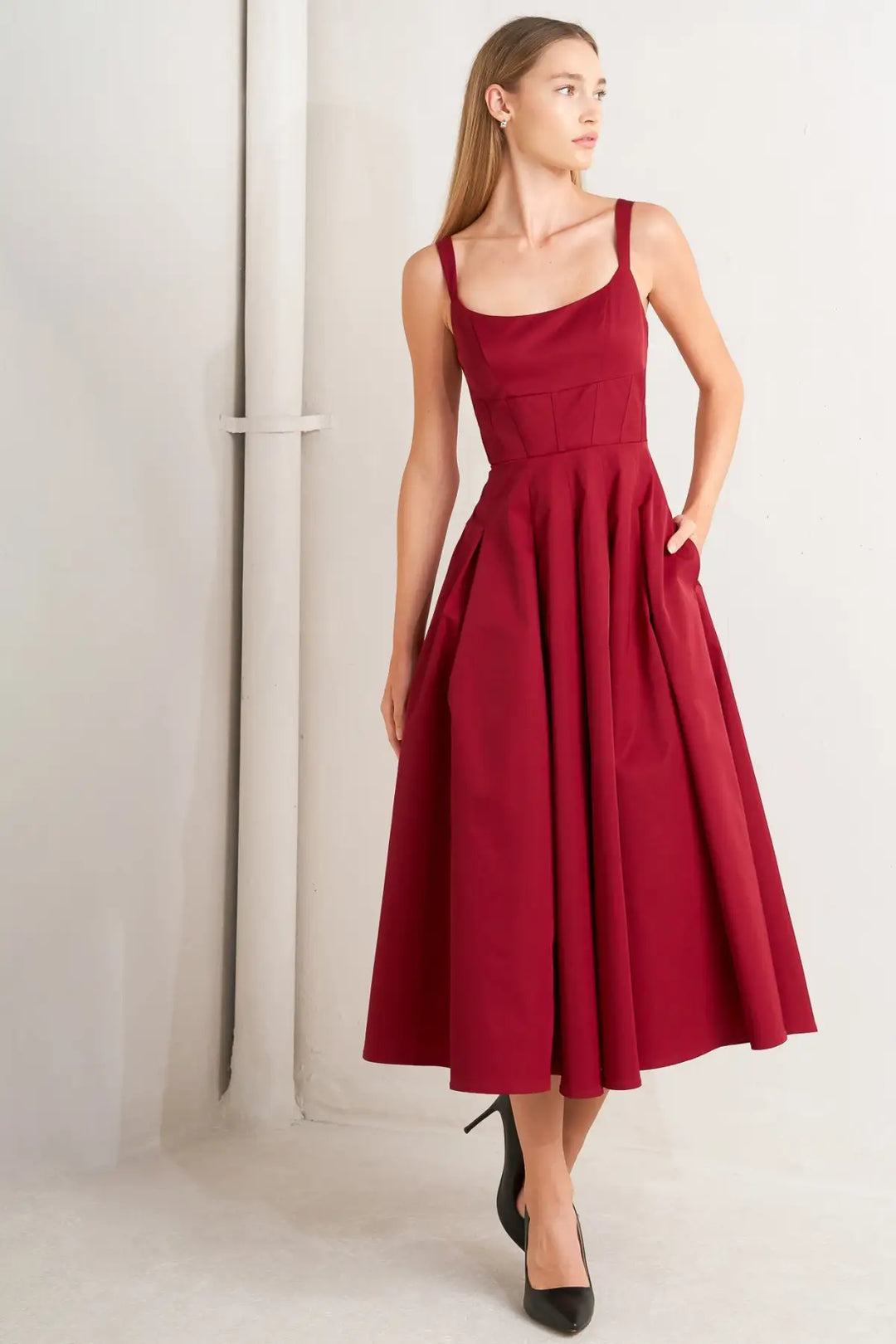 CRIMSON TWIRL WOVEN MIDI DRESS - DRESSES