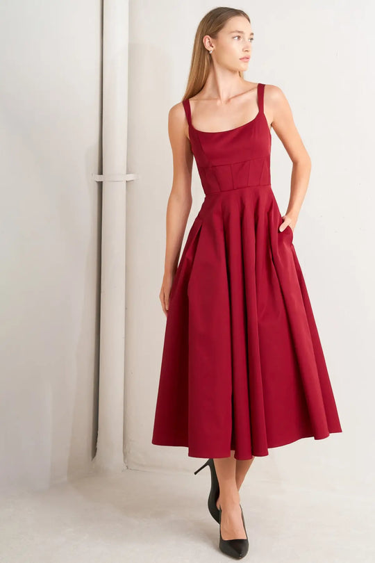 CRIMSON TWIRL WOVEN MIDI DRESS - DRESSES