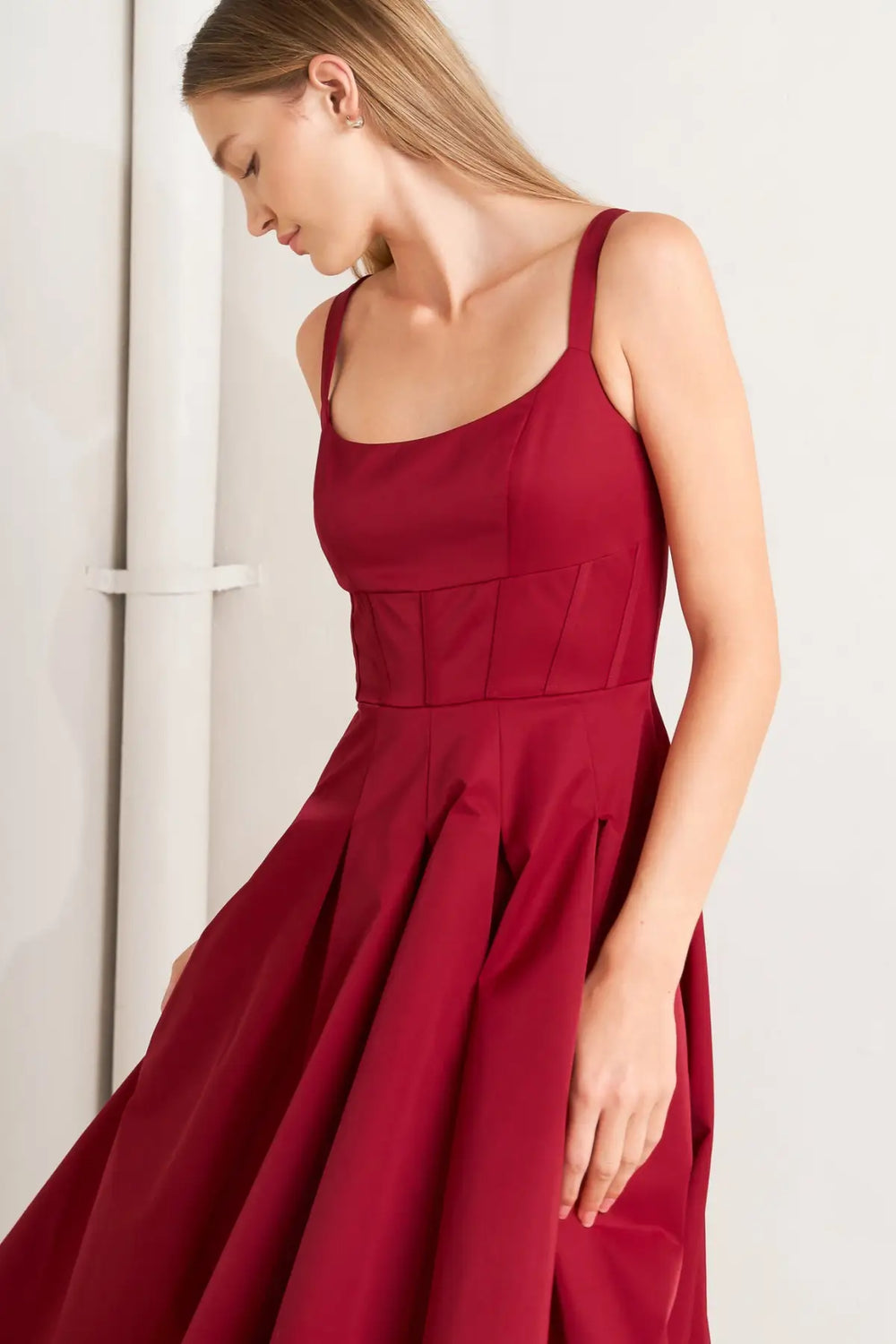 CRIMSON TWIRL WOVEN MIDI DRESS - DRESSES