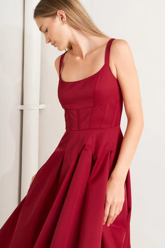 CRIMSON TWIRL WOVEN MIDI DRESS - DRESSES