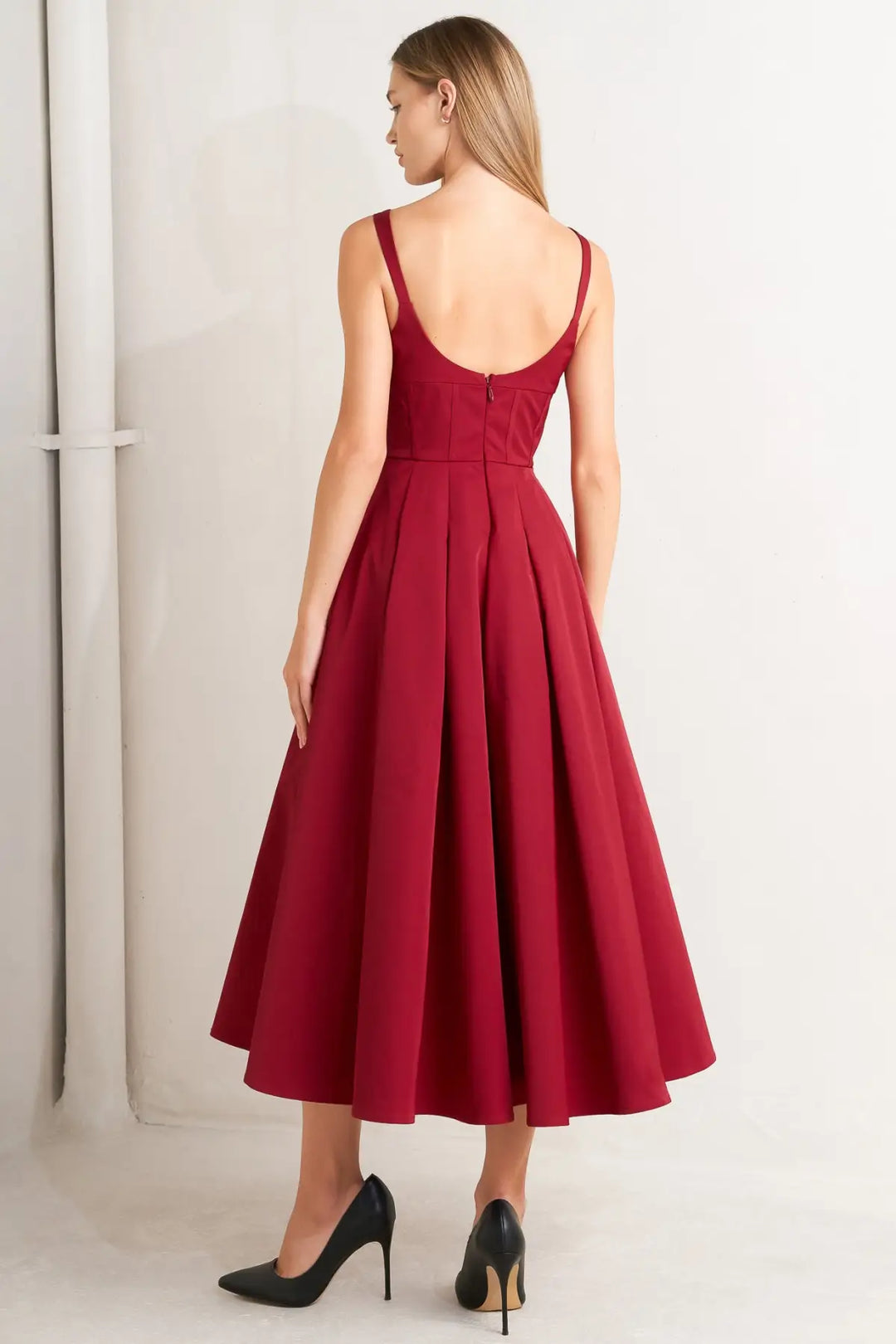 CRIMSON TWIRL WOVEN MIDI DRESS - DRESSES