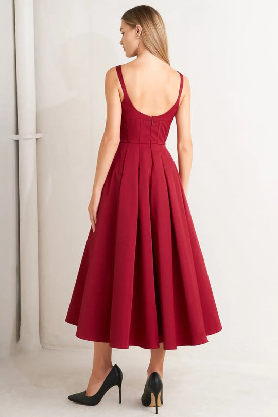 CRIMSON TWIRL WOVEN MIDI DRESS - DRESSES