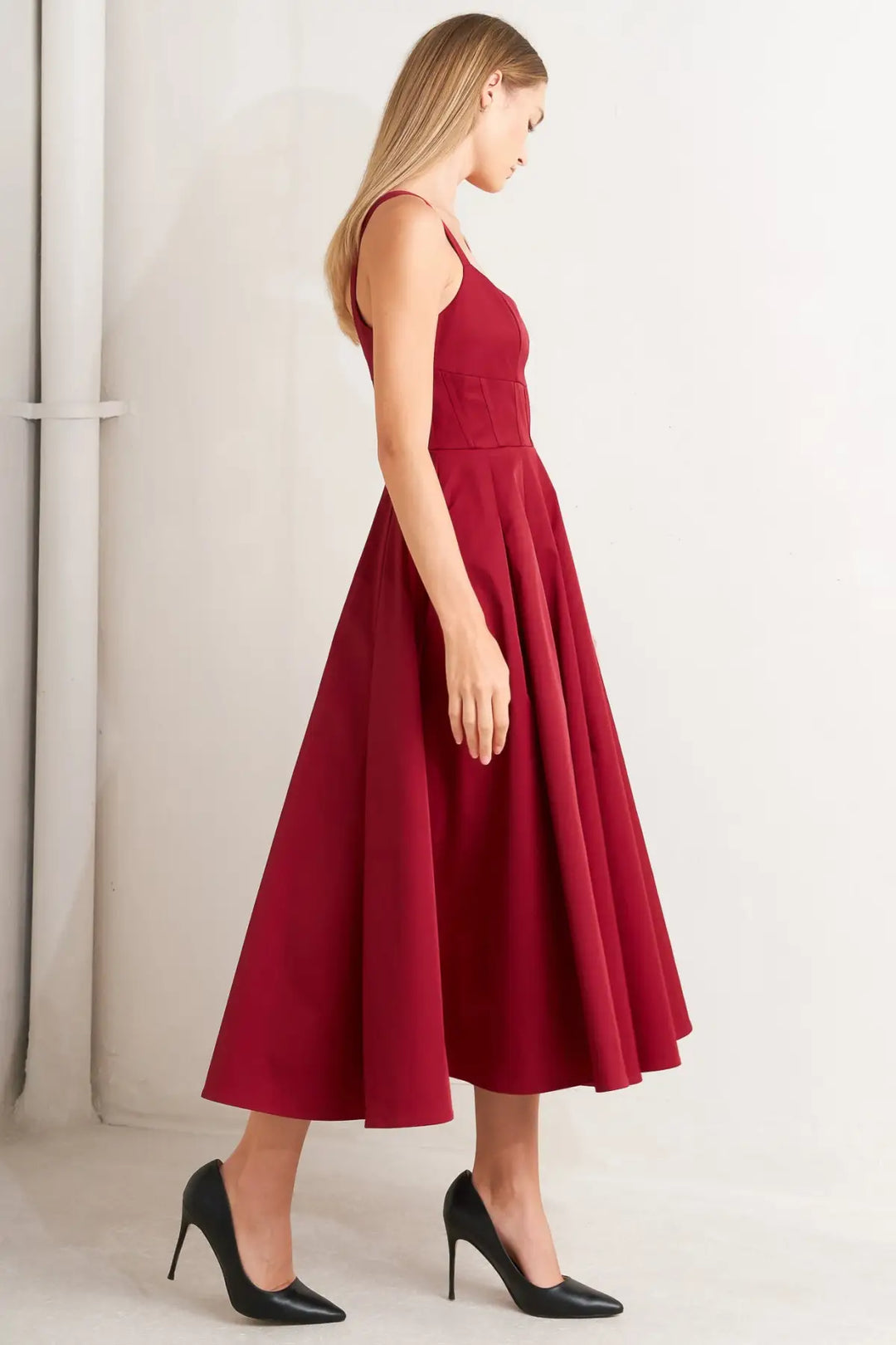 CRIMSON TWIRL WOVEN MIDI DRESS - DRESSES