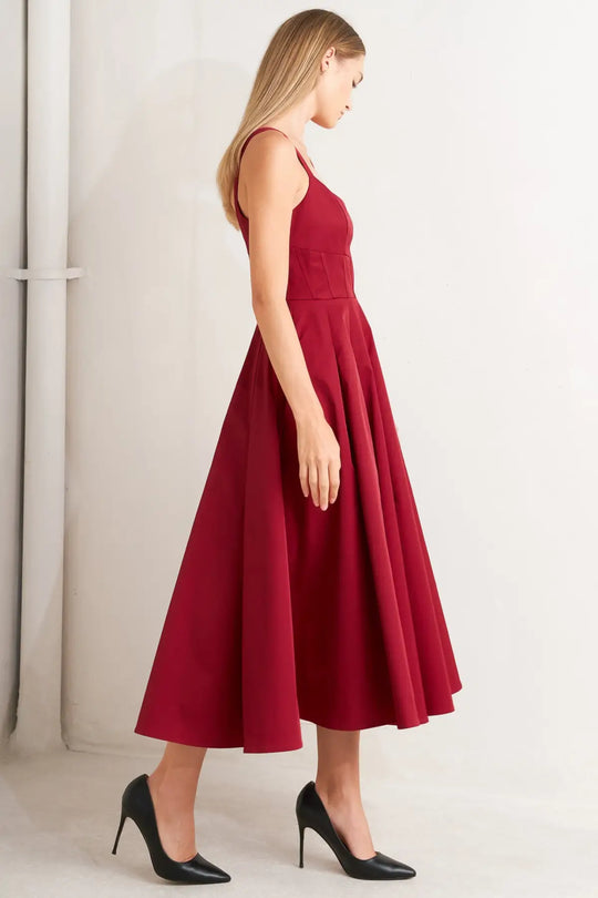 CRIMSON TWIRL WOVEN MIDI DRESS - DRESSES