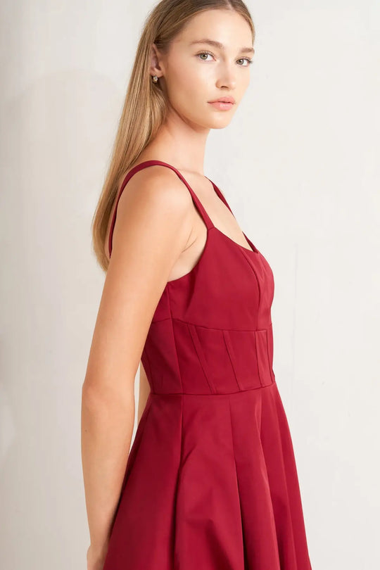 CRIMSON TWIRL WOVEN MIDI DRESS - DRESSES