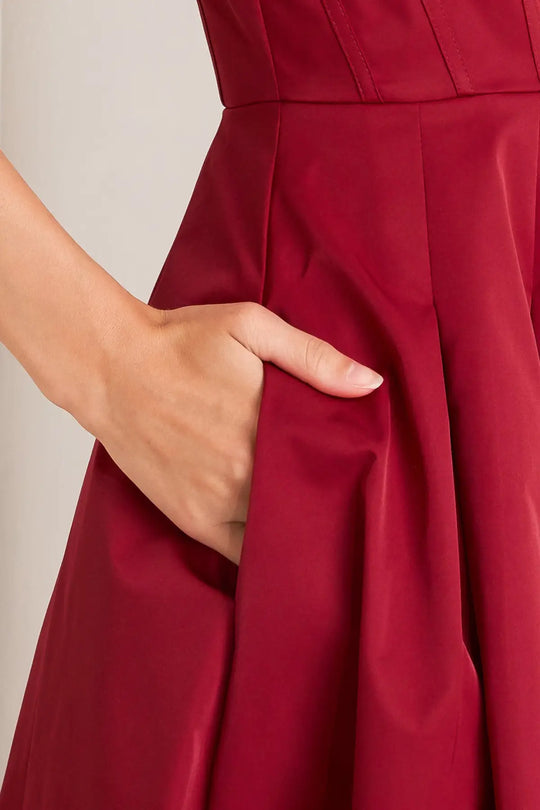 CRIMSON TWIRL WOVEN MIDI DRESS - DRESSES