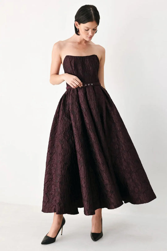 BURGUNDY COUTURE SWAY WOVEN MIDI DRESS
