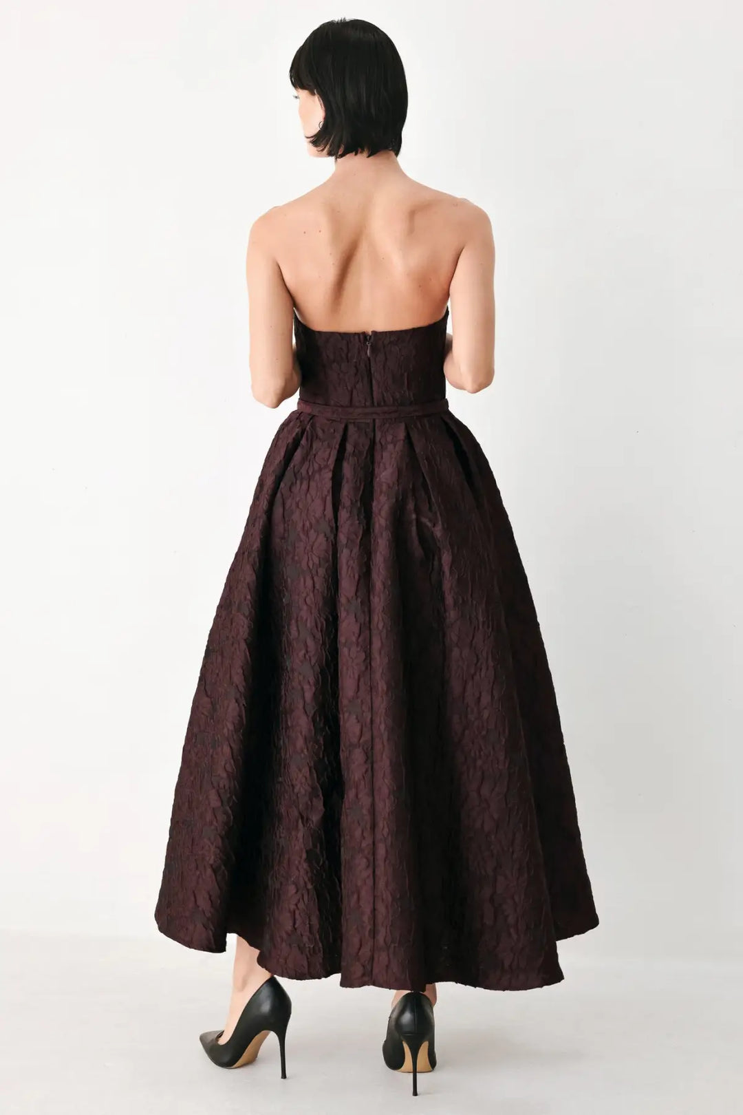BURGUNDY COUTURE SWAY WOVEN MIDI DRESS
