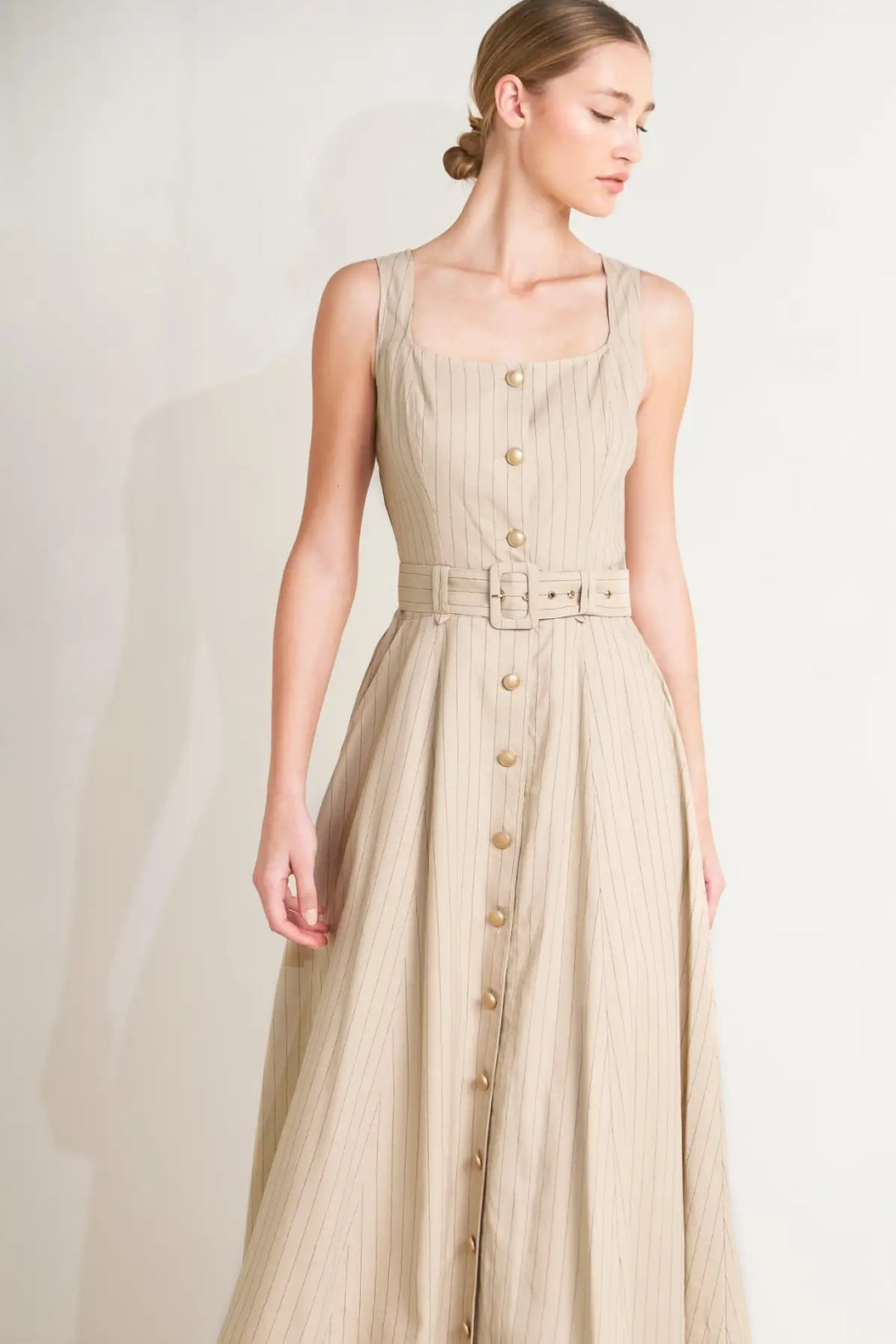 TAILORED IN SUNLIGHT WOVEN MIDI DRESS - DRESSES