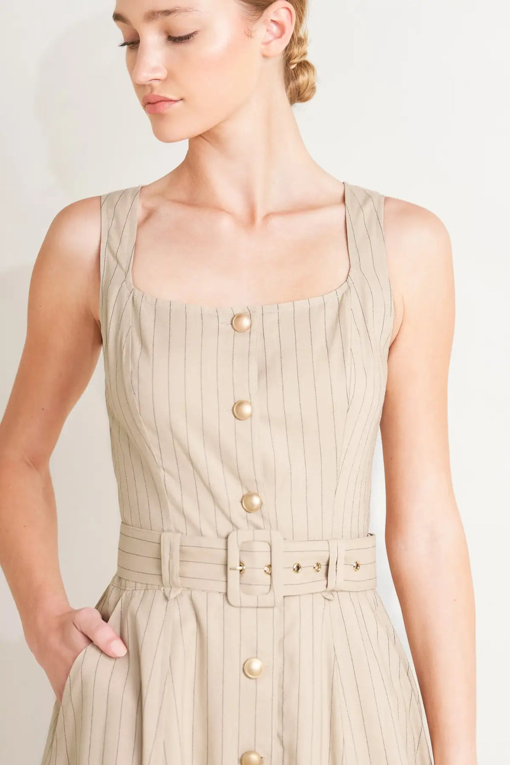 TAILORED IN SUNLIGHT WOVEN MIDI DRESS - DRESSES