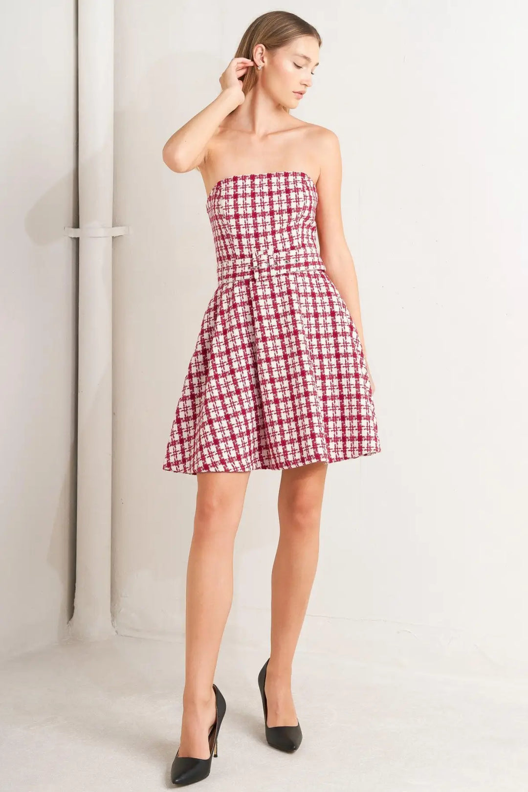 CHERRY CHECK TWEED MINI DRESS - DRESSES
