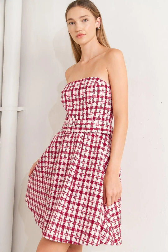 CHERRY CHECK TWEED MINI DRESS - DRESSES