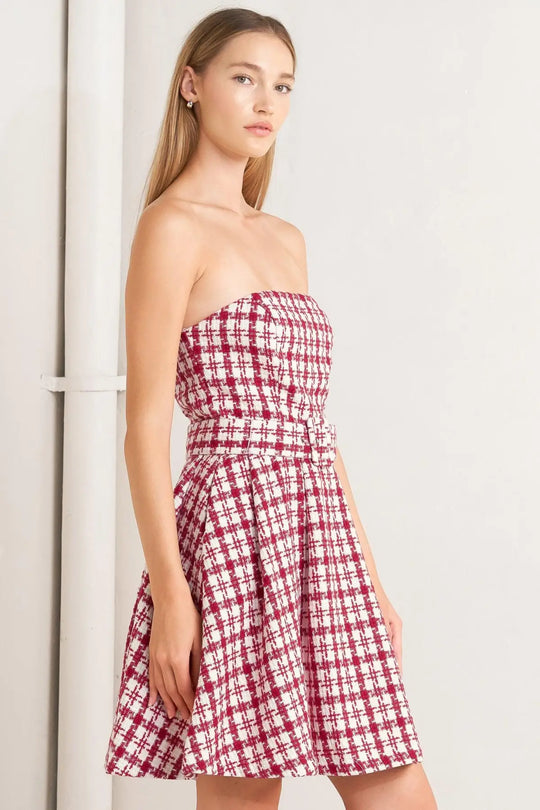 CHERRY CHECK TWEED MINI DRESS - DRESSES