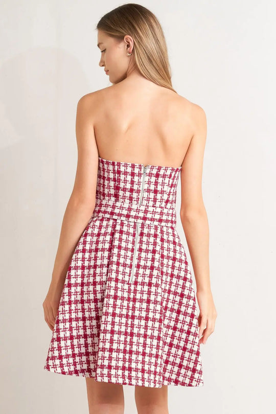 CHERRY CHECK TWEED MINI DRESS - DRESSES
