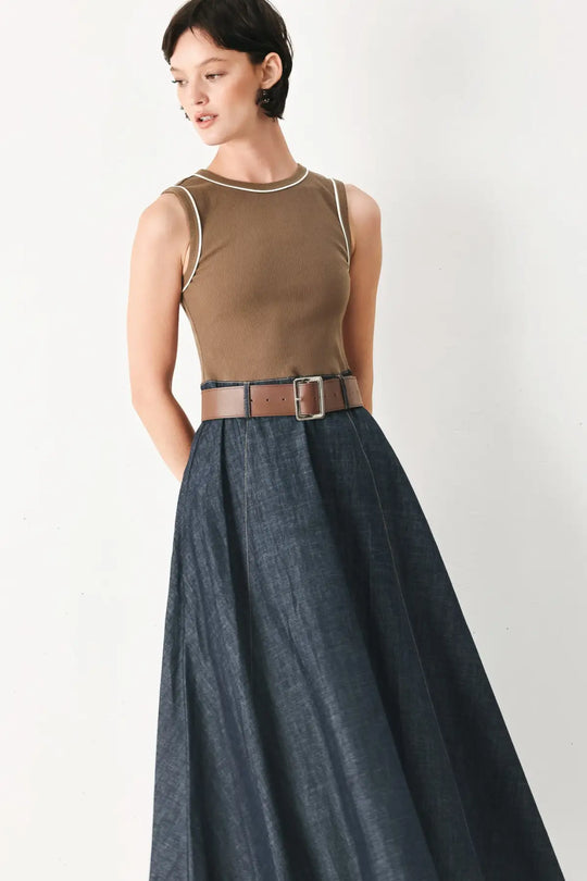 ESPRESSO HOUR DENIM COMBINATION MIDI DRESS - DRESSES