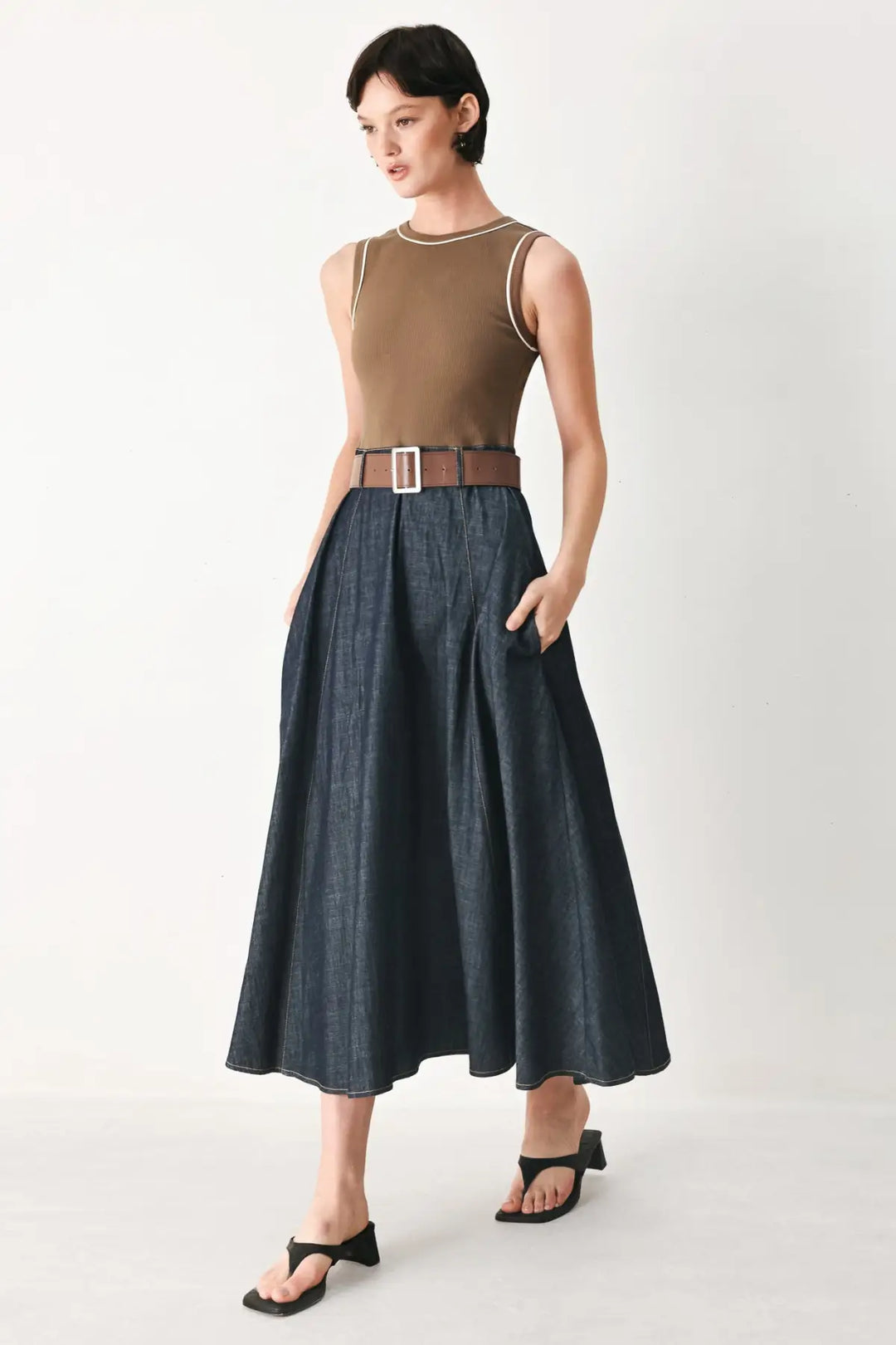 ESPRESSO HOUR DENIM COMBINATION MIDI DRESS - DRESSES