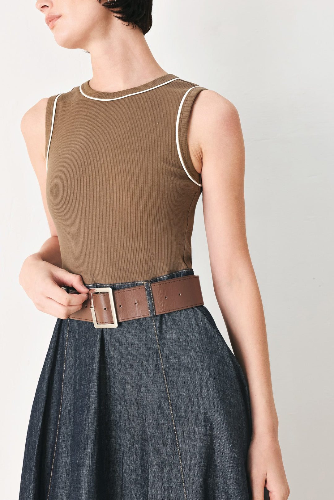 ESPRESSO HOUR DENIM COMBINATION MIDI DRESS