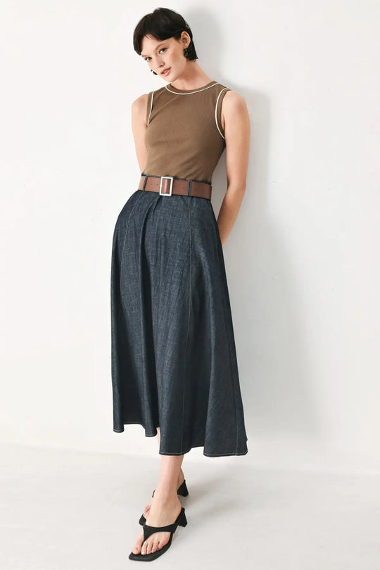 ESPRESSO HOUR DENIM COMBINATION MIDI DRESS - DRESSES