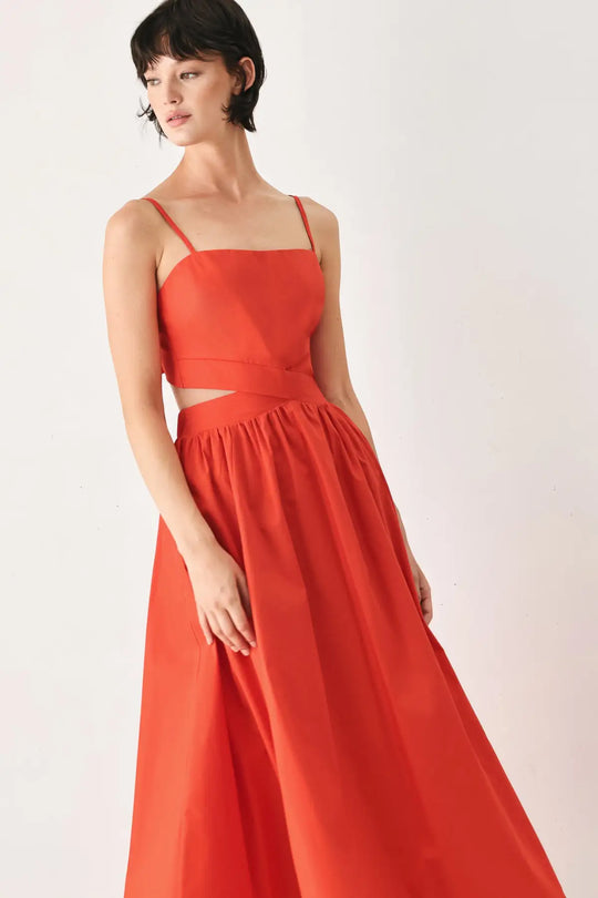 THE RIVIERA NIGHTS WOVEN MIDI DRESS - CORAL RED / S - DRESSES