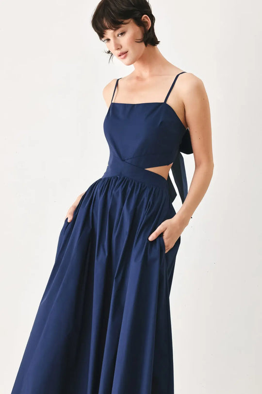 THE RIVIERA NIGHTS WOVEN MIDI DRESS - NAVY / S - DRESSES