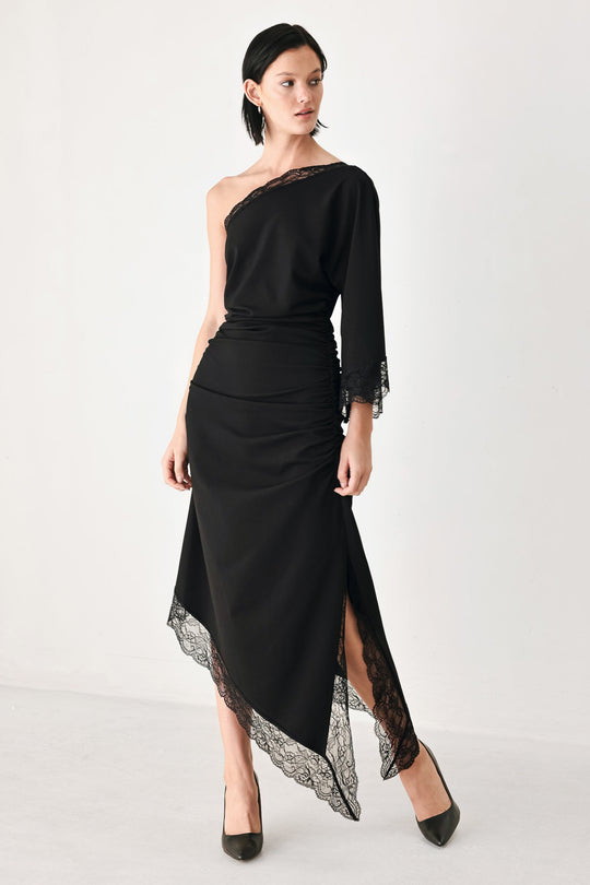 AFTER HOURS LACE TRIM ASYMMETRIC MIDI DRESS