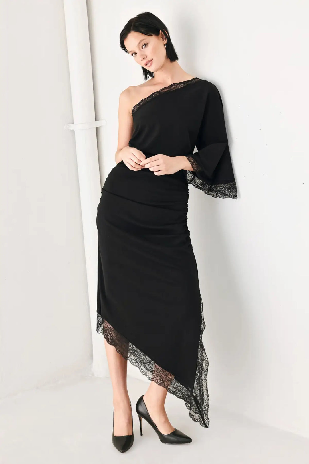 AFTER HOURS LACE TRIM ASYMMETRIC MIDI DRESS