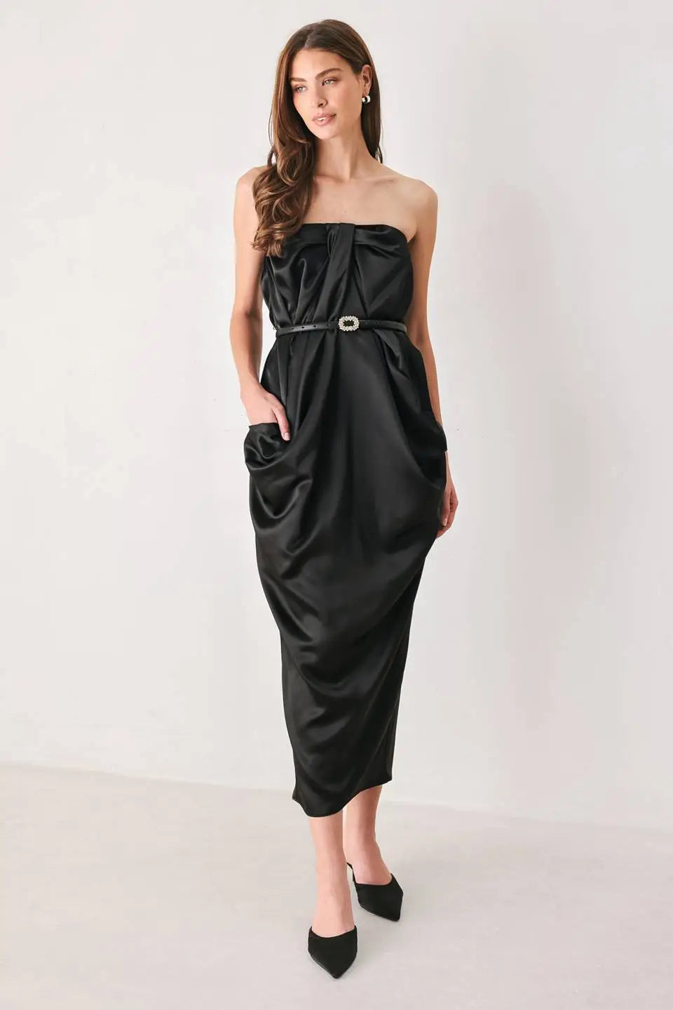 NOIR DRAPE BLACK RUCHED TULIP-SKIRT MIDI DRESS