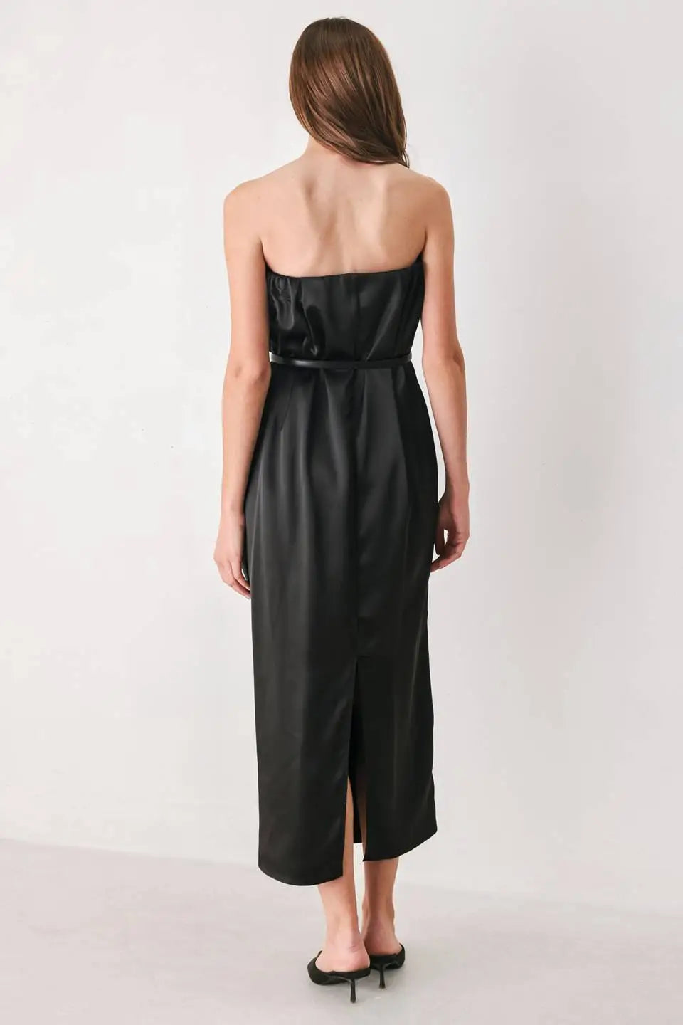 NOIR DRAPE BLACK RUCHED TULIP-SKIRT MIDI DRESS