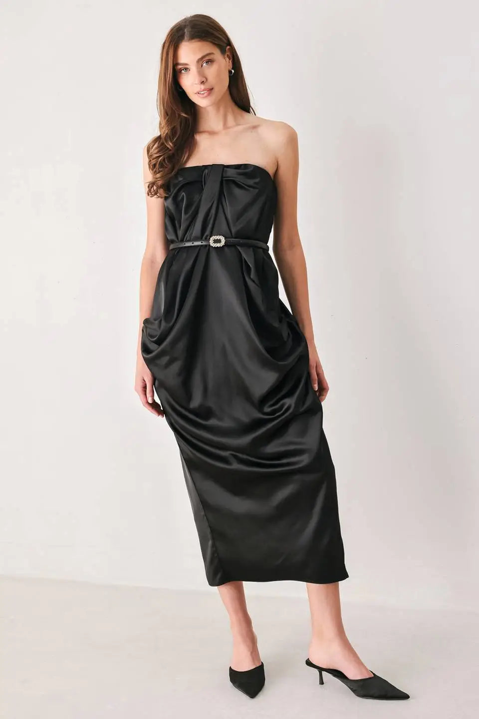 NOIR DRAPE BLACK RUCHED TULIP-SKIRT MIDI DRESS