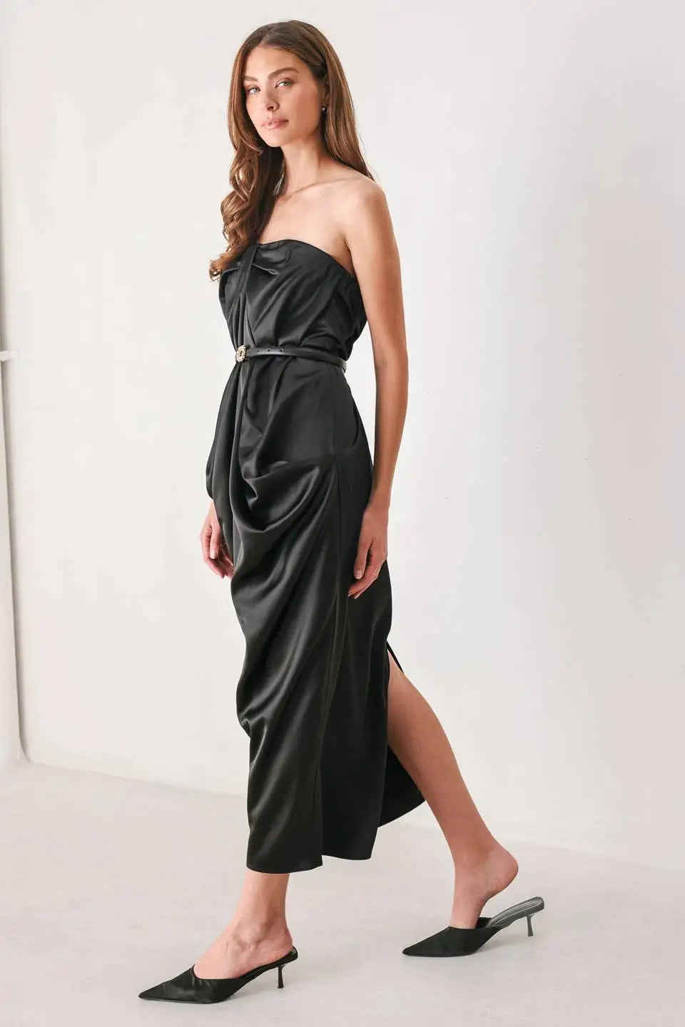 NOIR DRAPE BLACK RUCHED TULIP-SKIRT MIDI DRESS