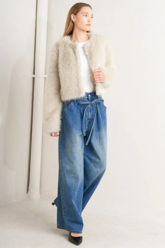 PLUSH ESCAPE MOCHA/CREAM FAUX FUR CROPPED JACKET
