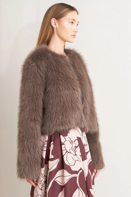 PLUSH ESCAPE MOCHA/CREAM FAUX FUR CROPPED JACKET