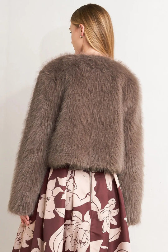 PLUSH ESCAPE MOCHA/CREAM FAUX FUR CROPPED JACKET