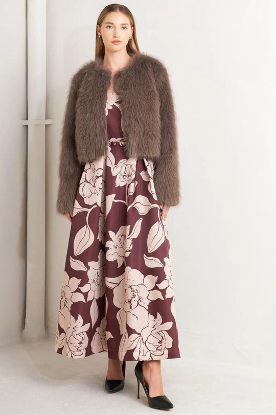 PLUSH ESCAPE MOCHA/CREAM FAUX FUR CROPPED JACKET