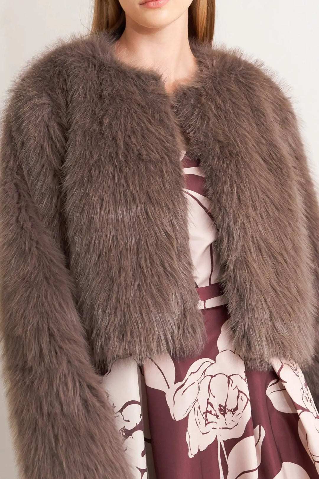 PLUSH ESCAPE MOCHA/CREAM FAUX FUR CROPPED JACKET