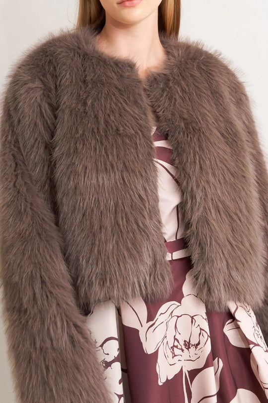 PLUSH ESCAPE MOCHA/CREAM FAUX FUR CROPPED JACKET