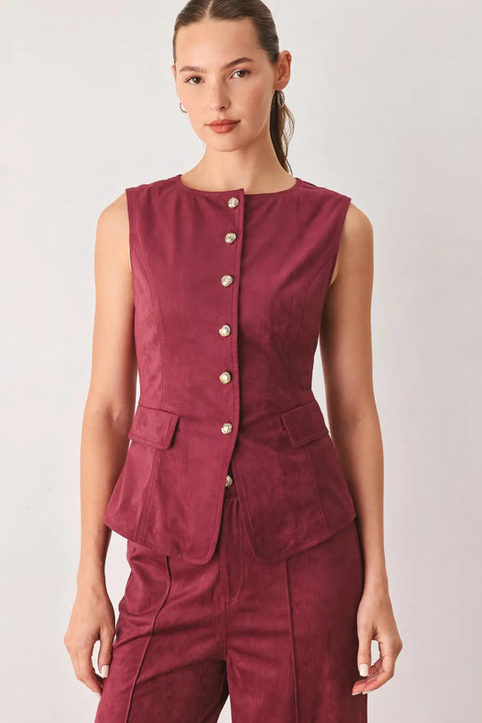MIDNIGHT MESA STYLE FAUX SUEDE VEST - MAROON / S - TOPS