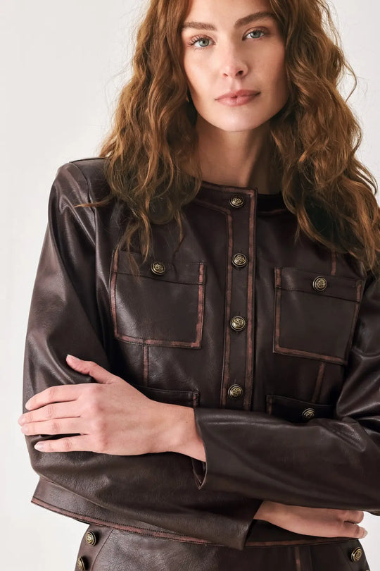 SADDLE STREET BROWN FAUX LEATHER CROPPED JACKET
