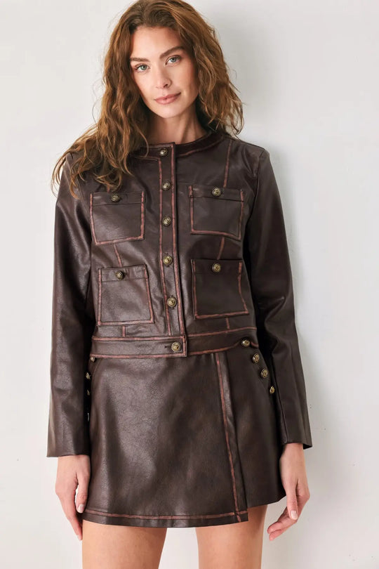 SADDLE STREET BROWN FAUX LEATHER CROPPED JACKET