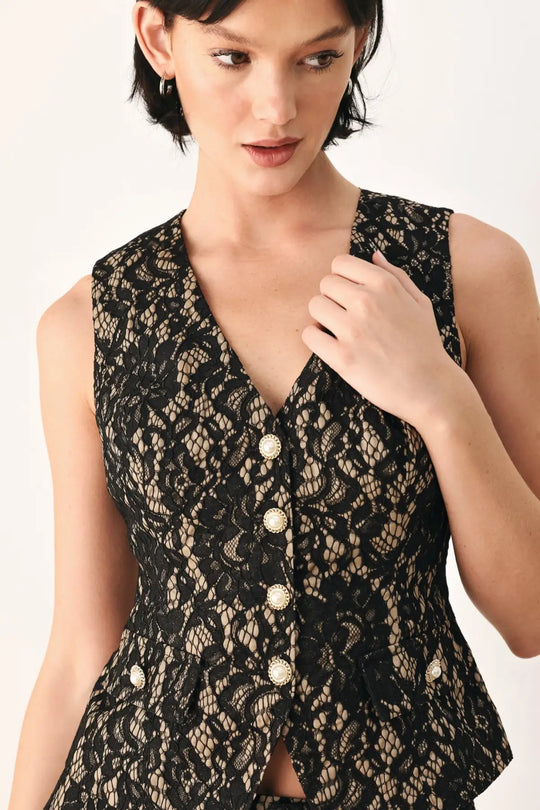 LACE THEORY BLACK/CAMEL WOVEN VEST