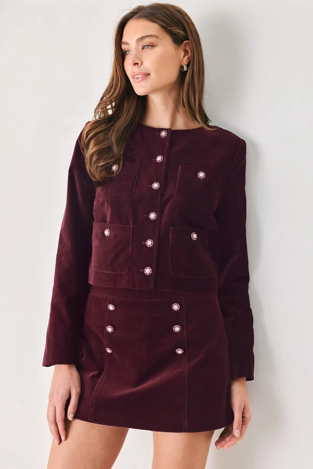 BORDEAUX VELVET BURGUNDY JEWEL-BUTTON CROPPED JACKET