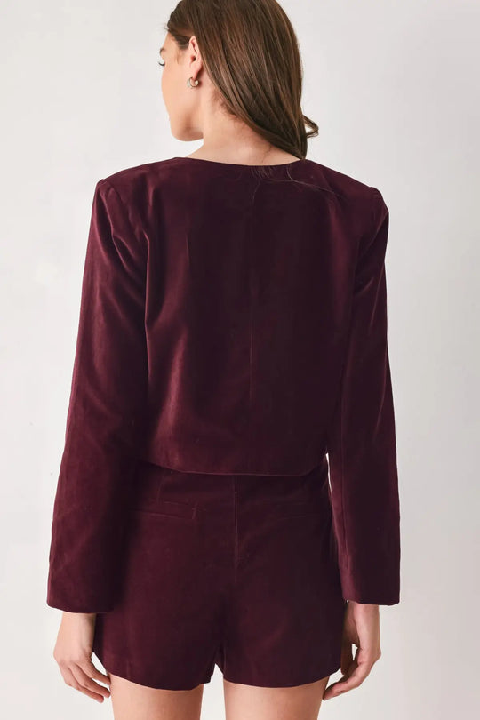 BORDEAUX VELVET BURGUNDY JEWEL-BUTTON CROPPED JACKET