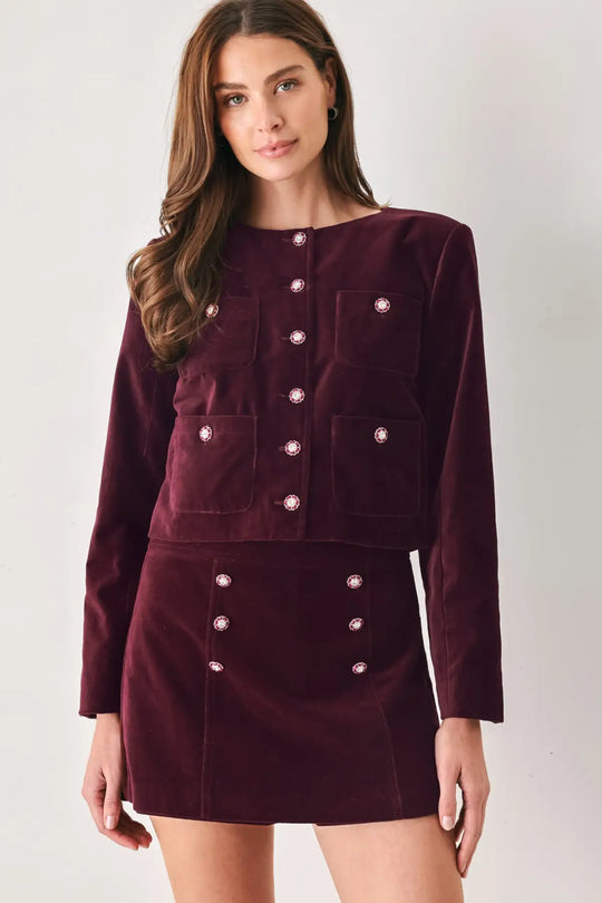 BORDEAUX VELVET BURGUNDY JEWEL-BUTTON CROPPED JACKET