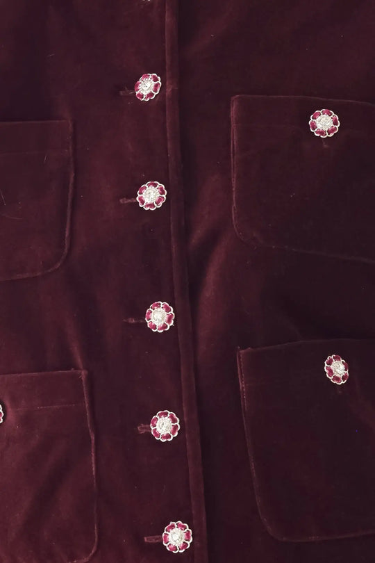 BORDEAUX VELVET BURGUNDY JEWEL-BUTTON CROPPED JACKET