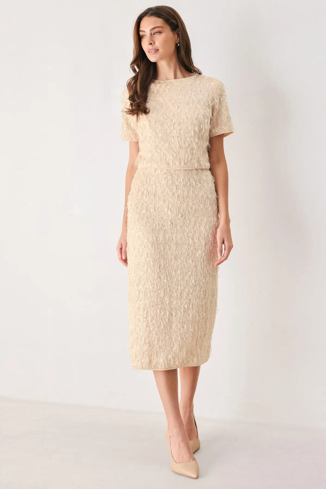 CHAMPAGNE WHISPER SEQUIN EYELASH MESH PENCIL SKIRT